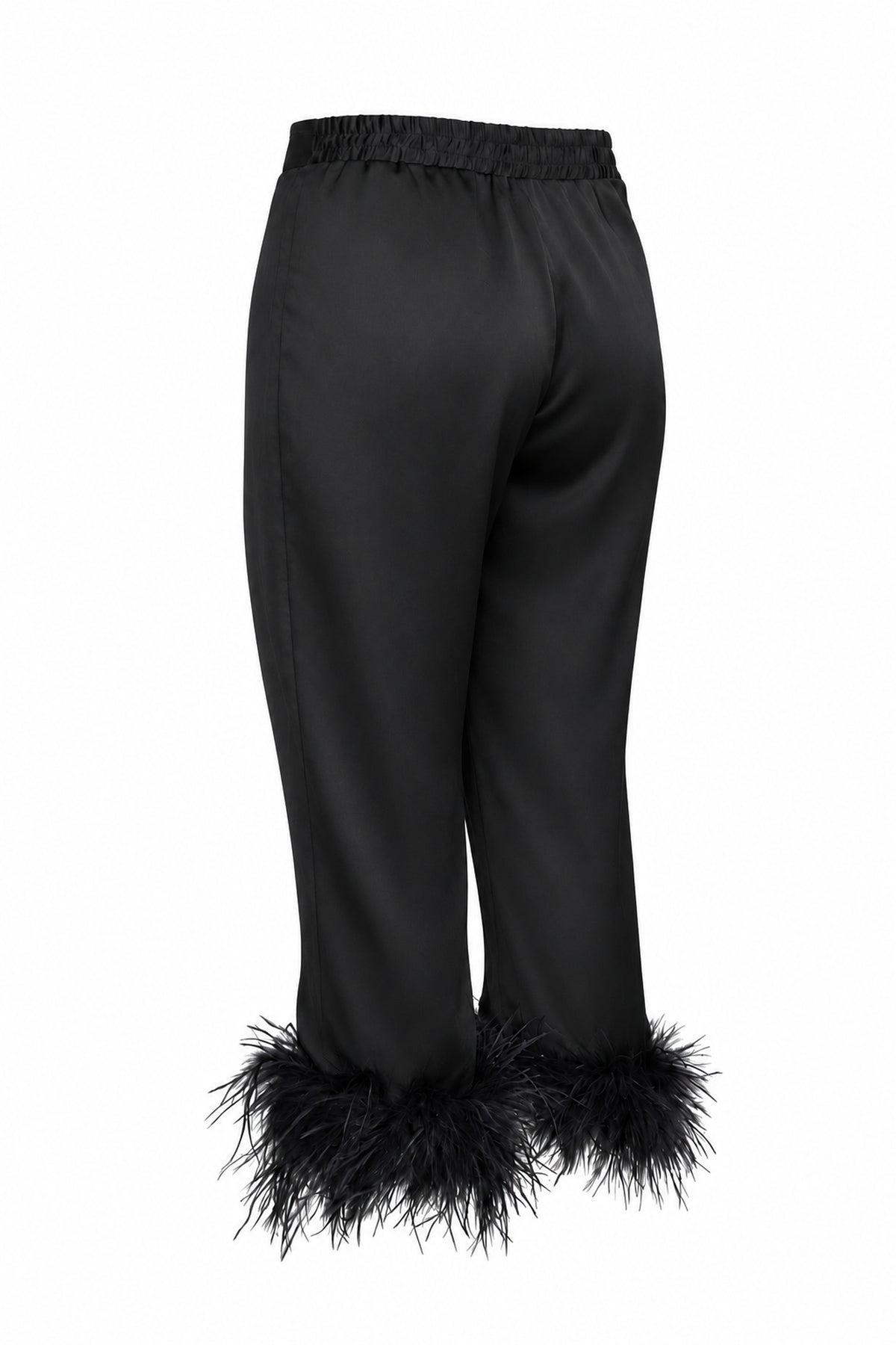 Black Satin Feather-Trim Cropped Trousers