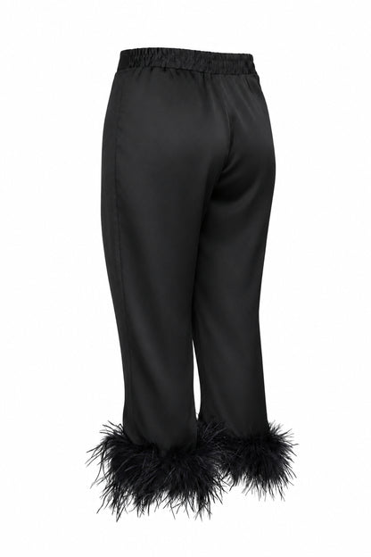 Black Satin Feather-Trim Cropped Trousers