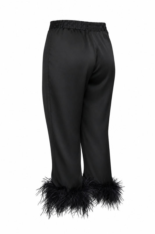 Black Satin Feather-Trim Cropped Trousers