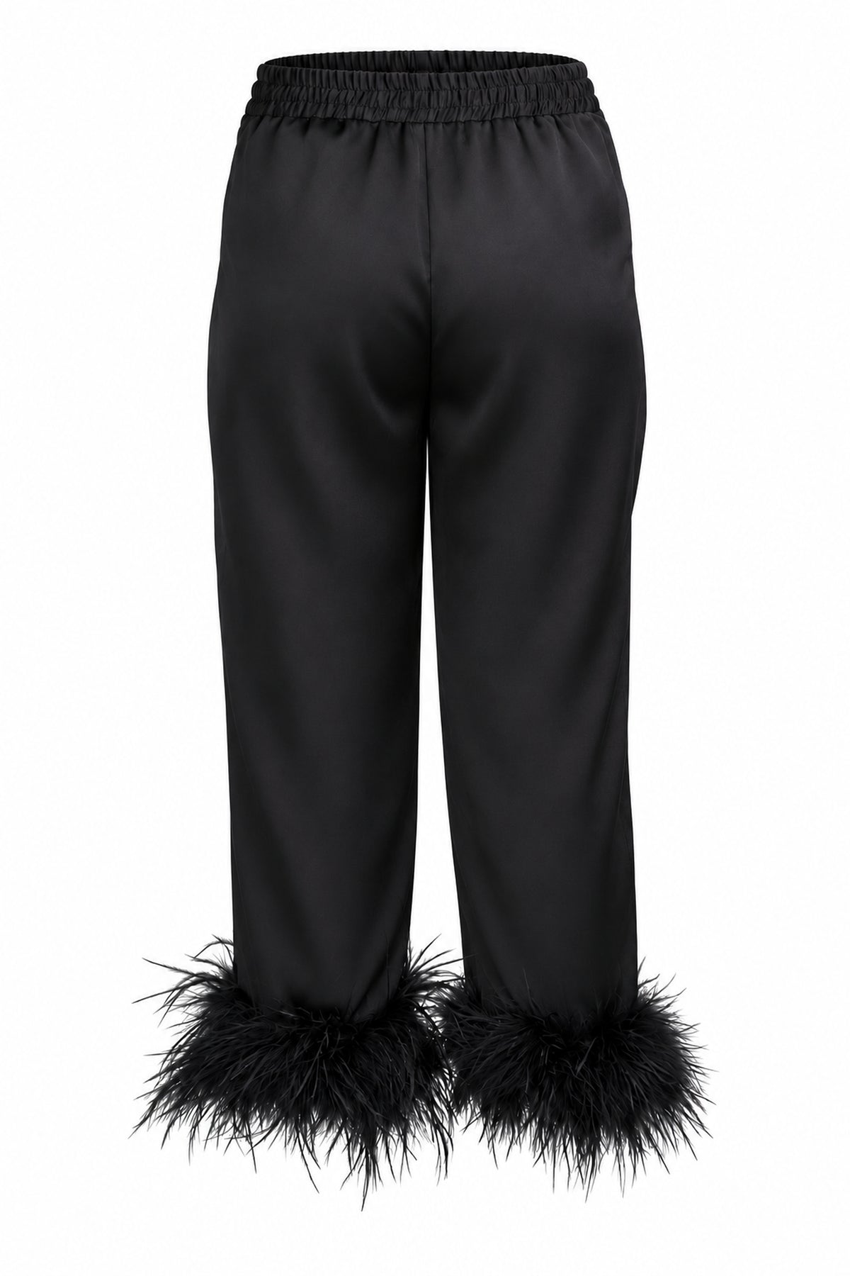 Black Satin Feather-Trim Cropped Trousers