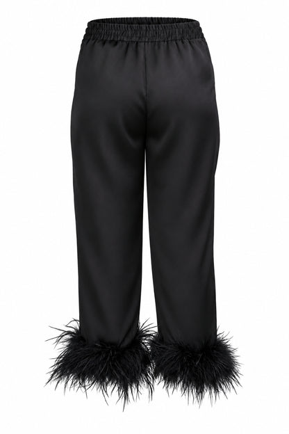 Black Satin Feather-Trim Cropped Trousers