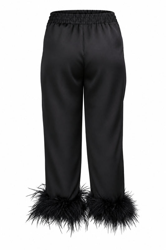 Black Satin Feather-Trim Cropped Trousers