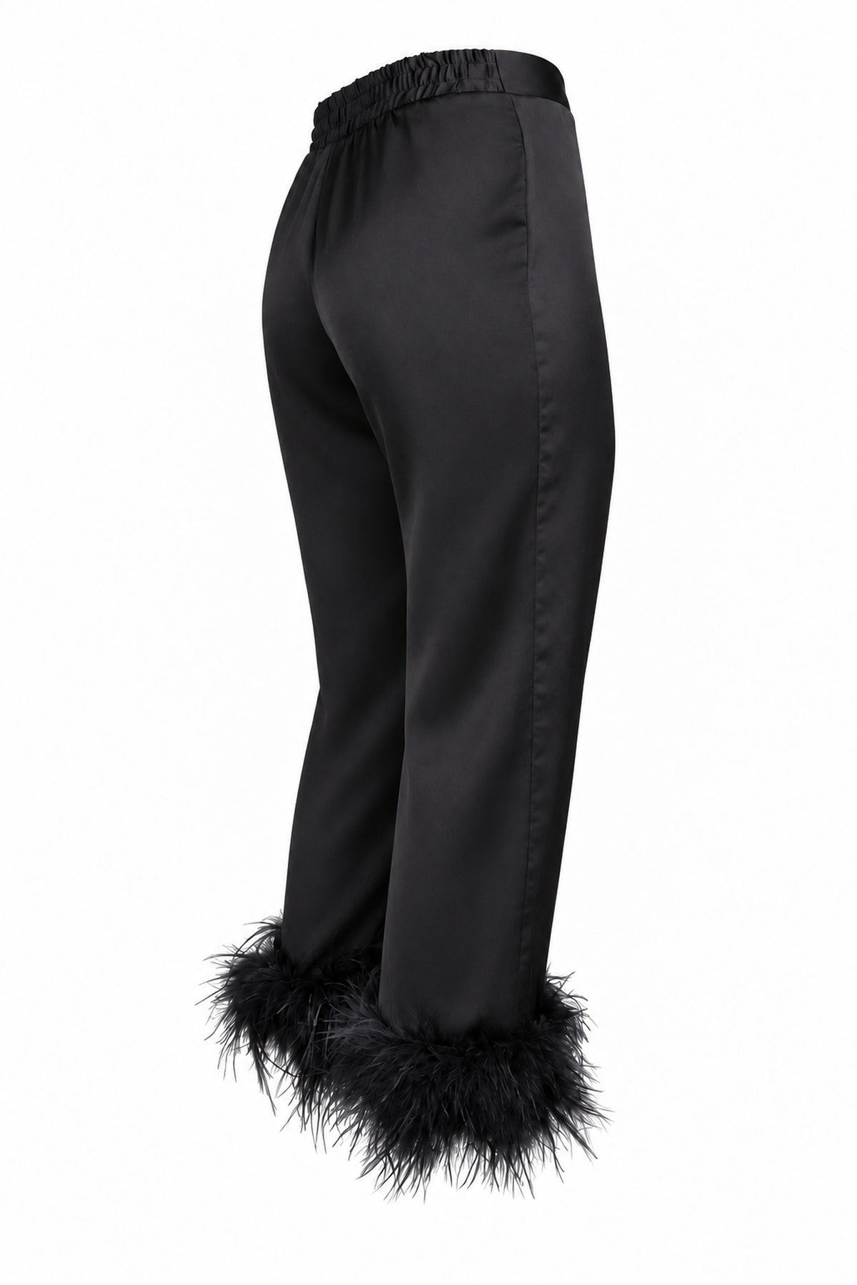 Black Satin Feather-Trim Cropped Trousers