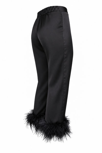 Black Satin Feather-Trim Cropped Trousers