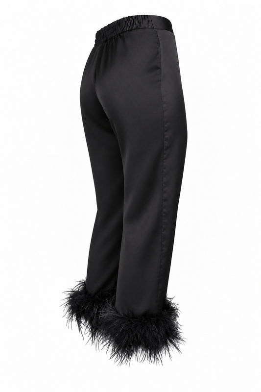 Black Satin Feather-Trim Cropped Trousers
