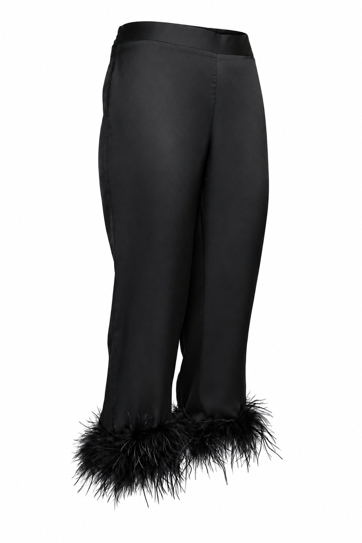 Black Satin Feather-Trim Cropped Trousers