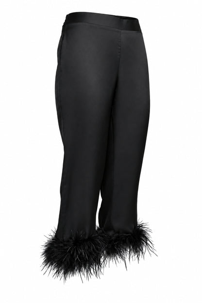 Black Satin Feather-Trim Cropped Trousers