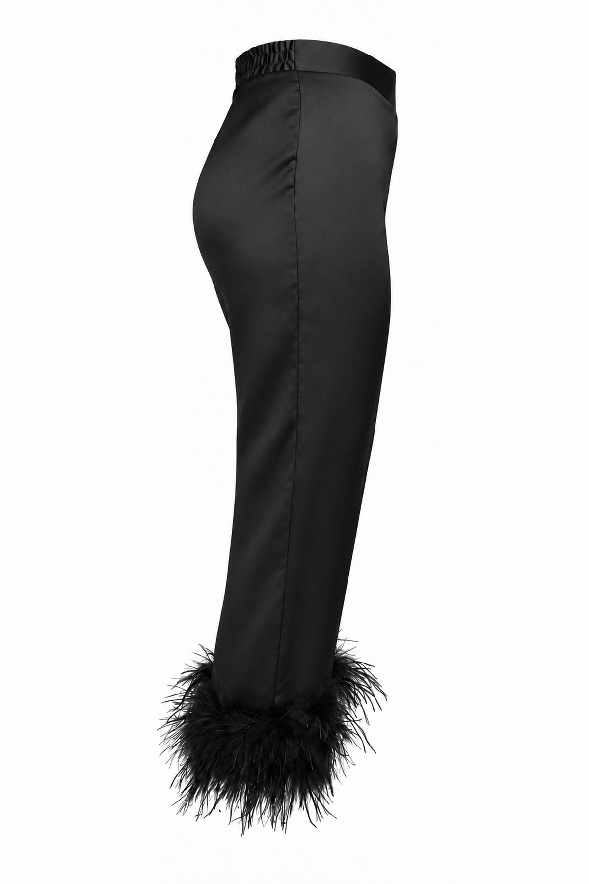 Black Satin Feather-Trim Cropped Trousers
