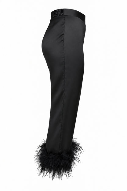 Black Satin Feather-Trim Cropped Trousers