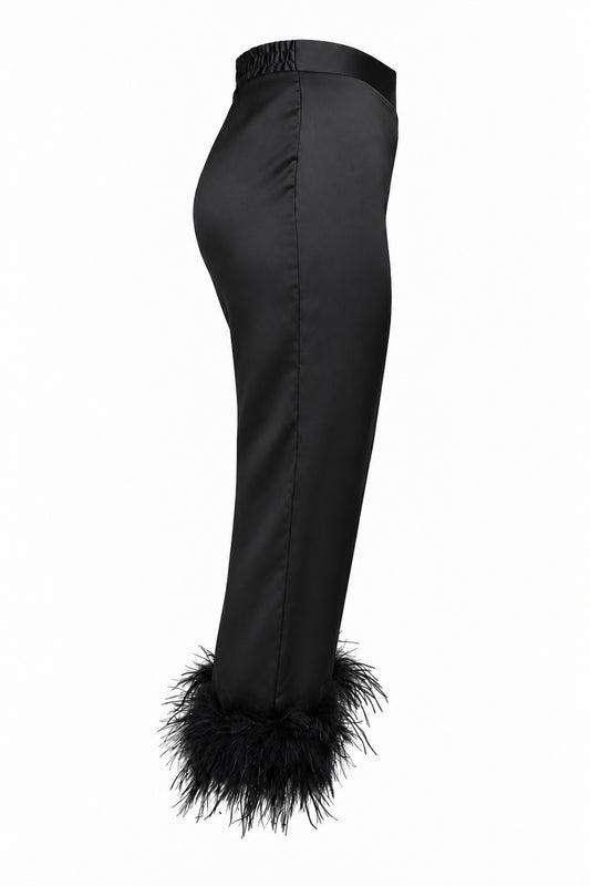 Black Satin Feather-Trim Cropped Trousers