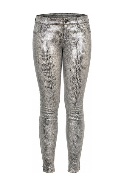 J Brand Silver Metallic Snake Print Leather Skinny Trousers