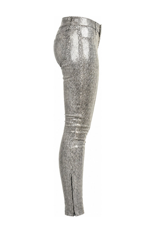 J Brand Silver Metallic Snake Print Leather Skinny Trousers