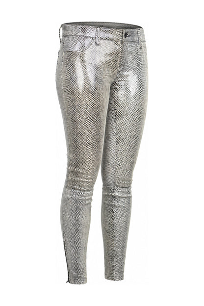 J Brand Silver Metallic Snake Print Leather Skinny Trousers