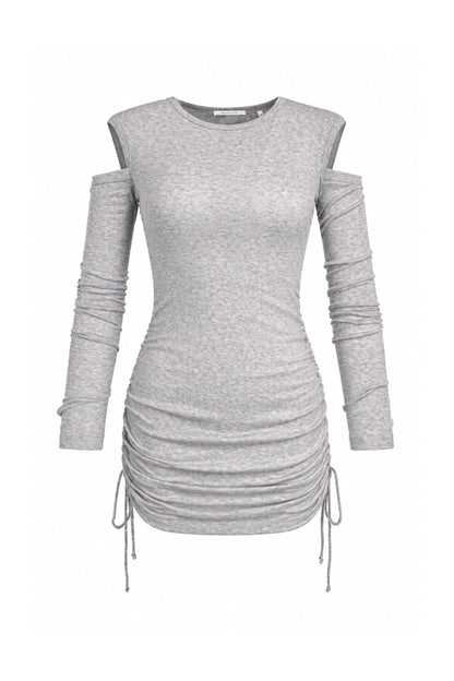 Helmut Lang Grey Rib Knit Cut-Out Shoulder Ruched Mini Dress