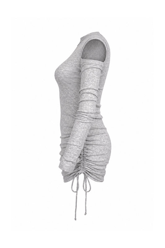 Helmut Lang Grey Rib Knit Cut-Out Shoulder Ruched Mini Dress