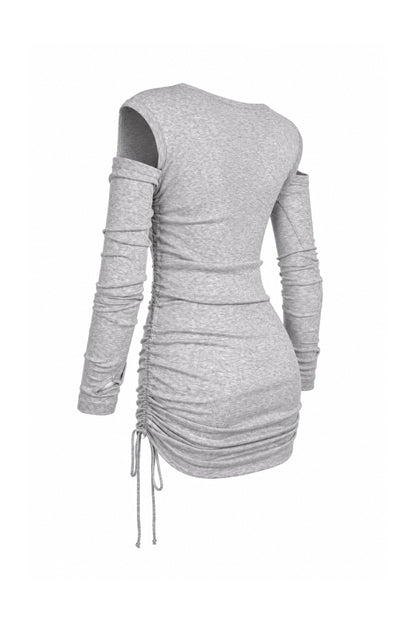 Helmut Lang Grey Rib Knit Cut-Out Shoulder Ruched Mini Dress
