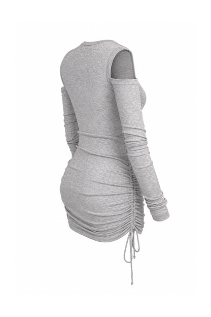 Helmut Lang Grey Rib Knit Cut-Out Shoulder Ruched Mini Dress