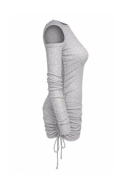 Helmut Lang Grey Rib Knit Cut-Out Shoulder Ruched Mini Dress