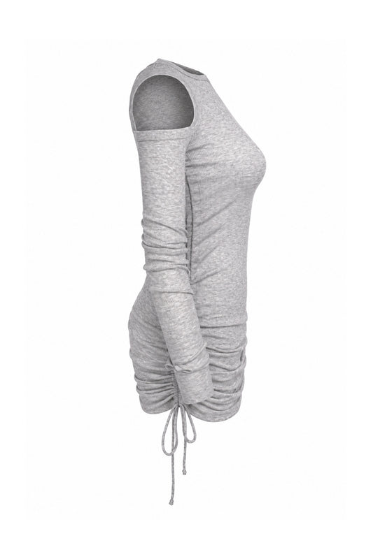 Helmut Lang Grey Rib Knit Cut-Out Shoulder Ruched Mini Dress