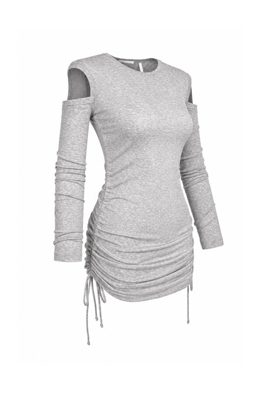 Helmut Lang Grey Rib Knit Cut-Out Shoulder Ruched Mini Dress