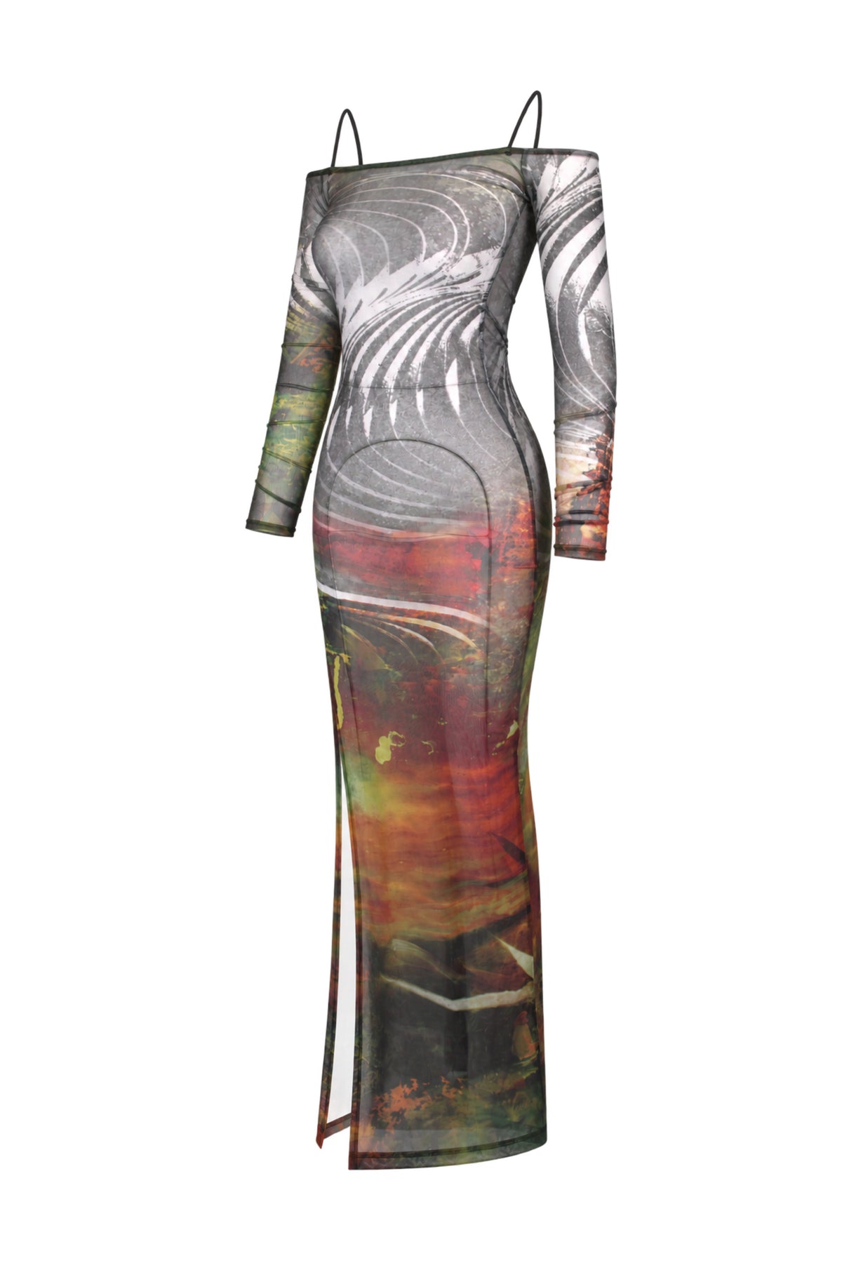 Jaded London Abstract Print Mesh Off-Shoulder Maxi Dress
