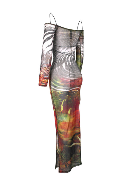 Jaded London Abstract Print Mesh Off-Shoulder Maxi Dress