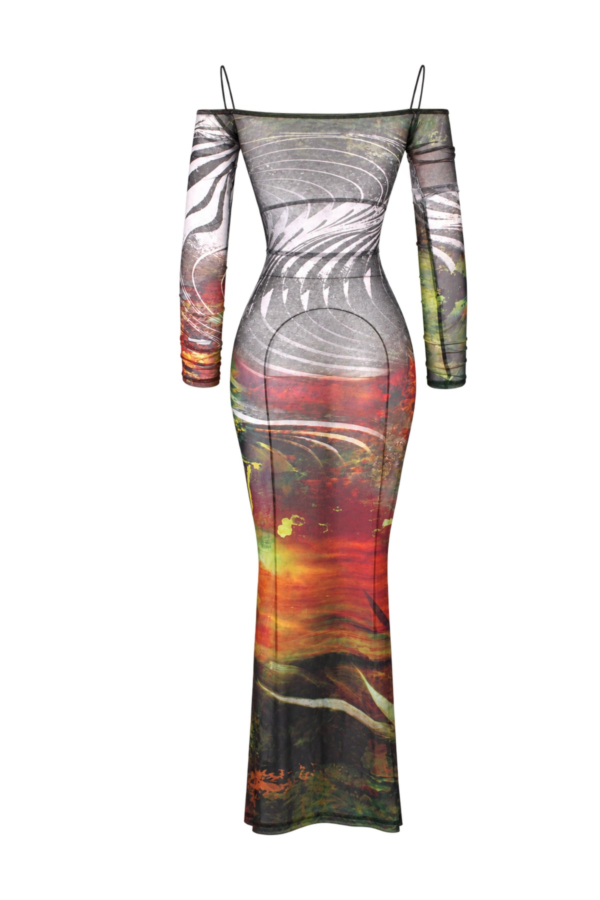 Jaded London Abstract Print Mesh Off-Shoulder Maxi Dress