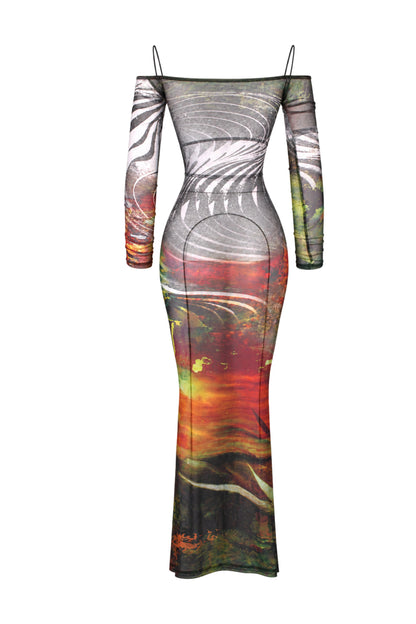 Jaded London Abstract Print Mesh Off-Shoulder Maxi Dress
