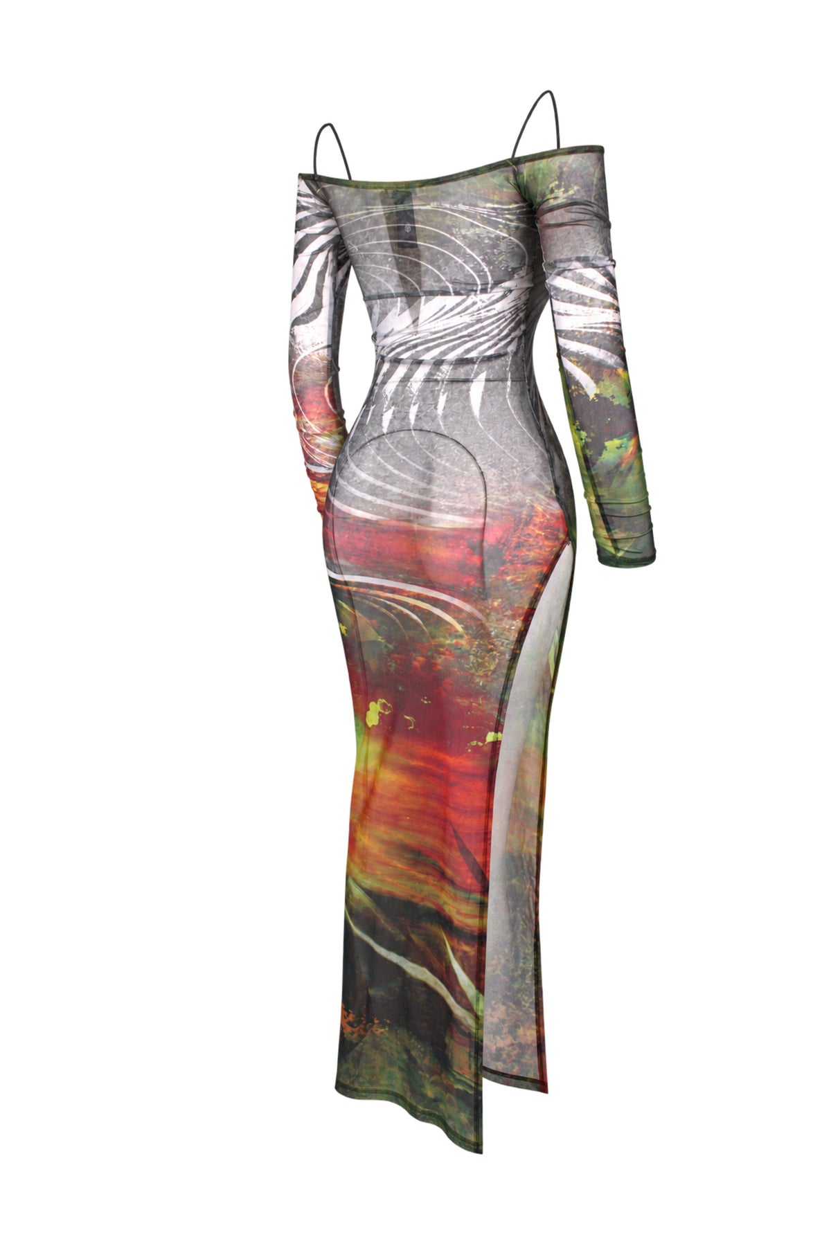 Jaded London Abstract Print Mesh Off-Shoulder Maxi Dress