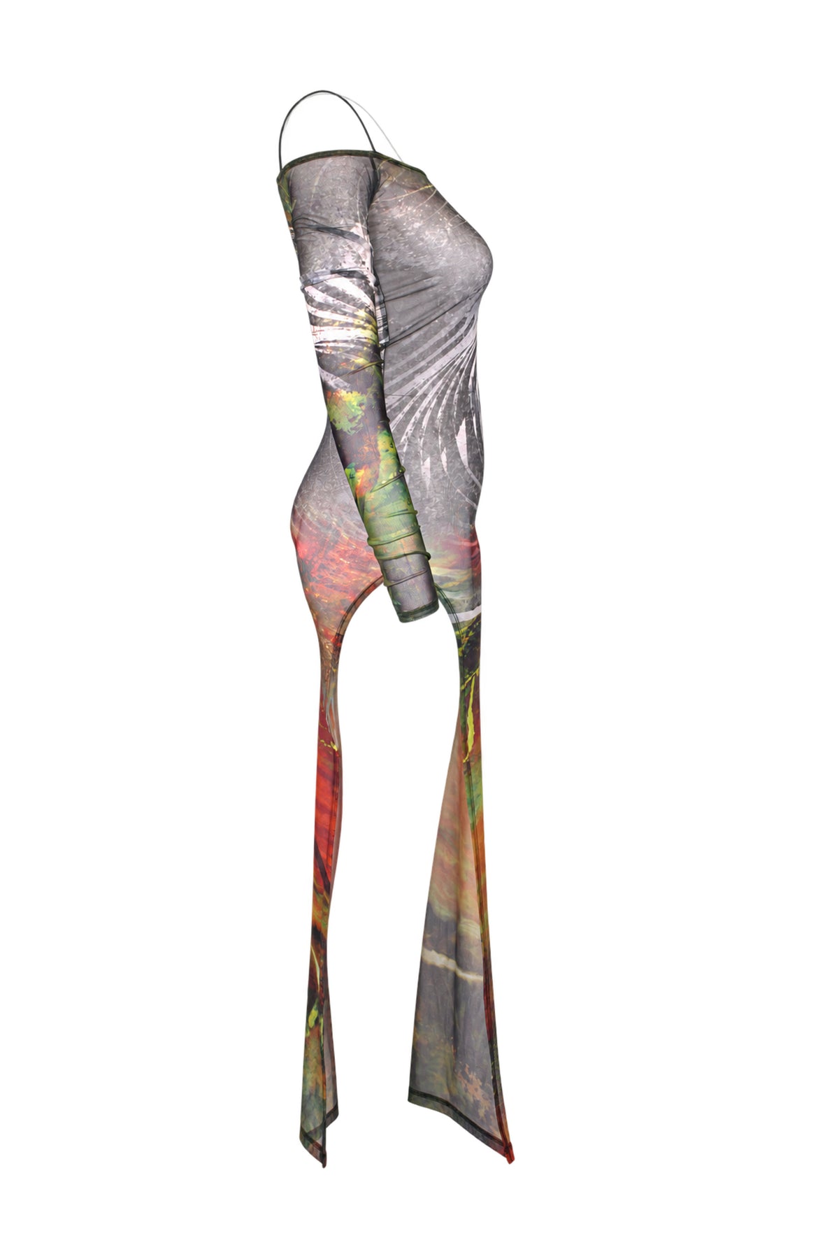 Jaded London Abstract Print Mesh Off-Shoulder Maxi Dress