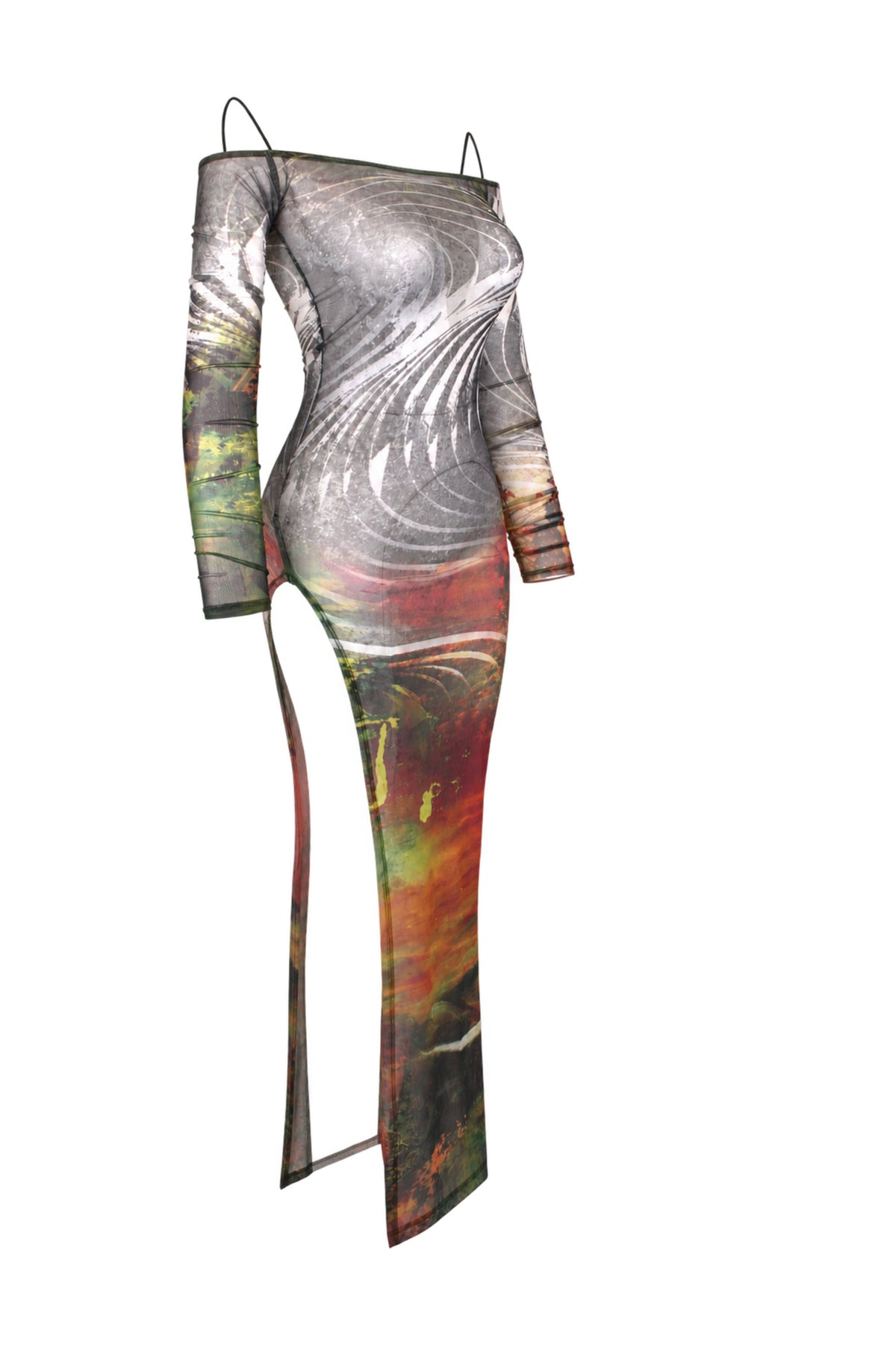 Jaded London Abstract Print Mesh Off-Shoulder Maxi Dress