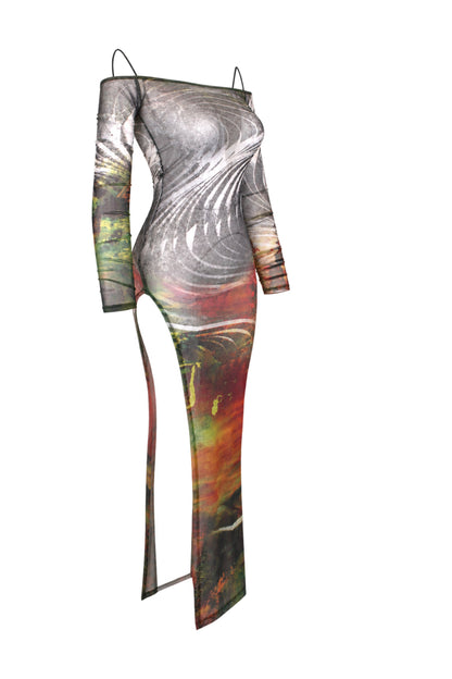 Jaded London Abstract Print Mesh Off-Shoulder Maxi Dress