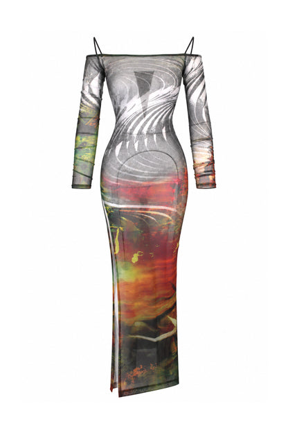 Jaded London Abstract Print Mesh Off-Shoulder Maxi Dress