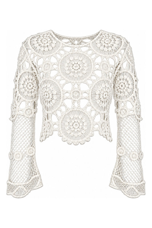 Cream Crochet Bell Sleeve Crop Top