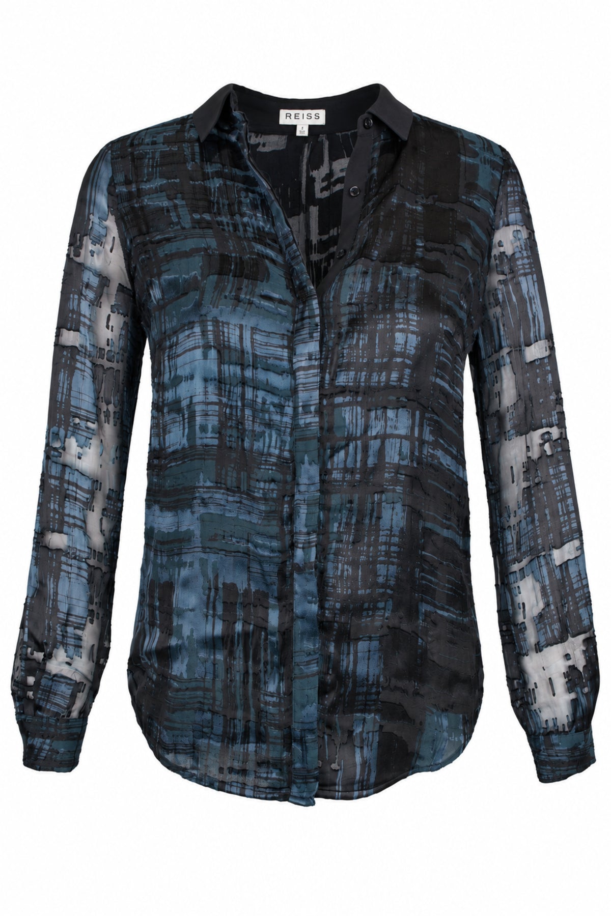 Reiss Black Blue Devoré Silk Blend Shirt