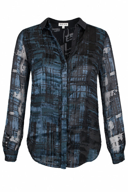 Reiss Black Blue Devoré Silk Blend Shirt