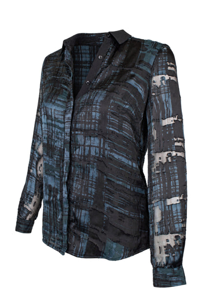 Reiss Black Blue Devoré Silk Blend Shirt