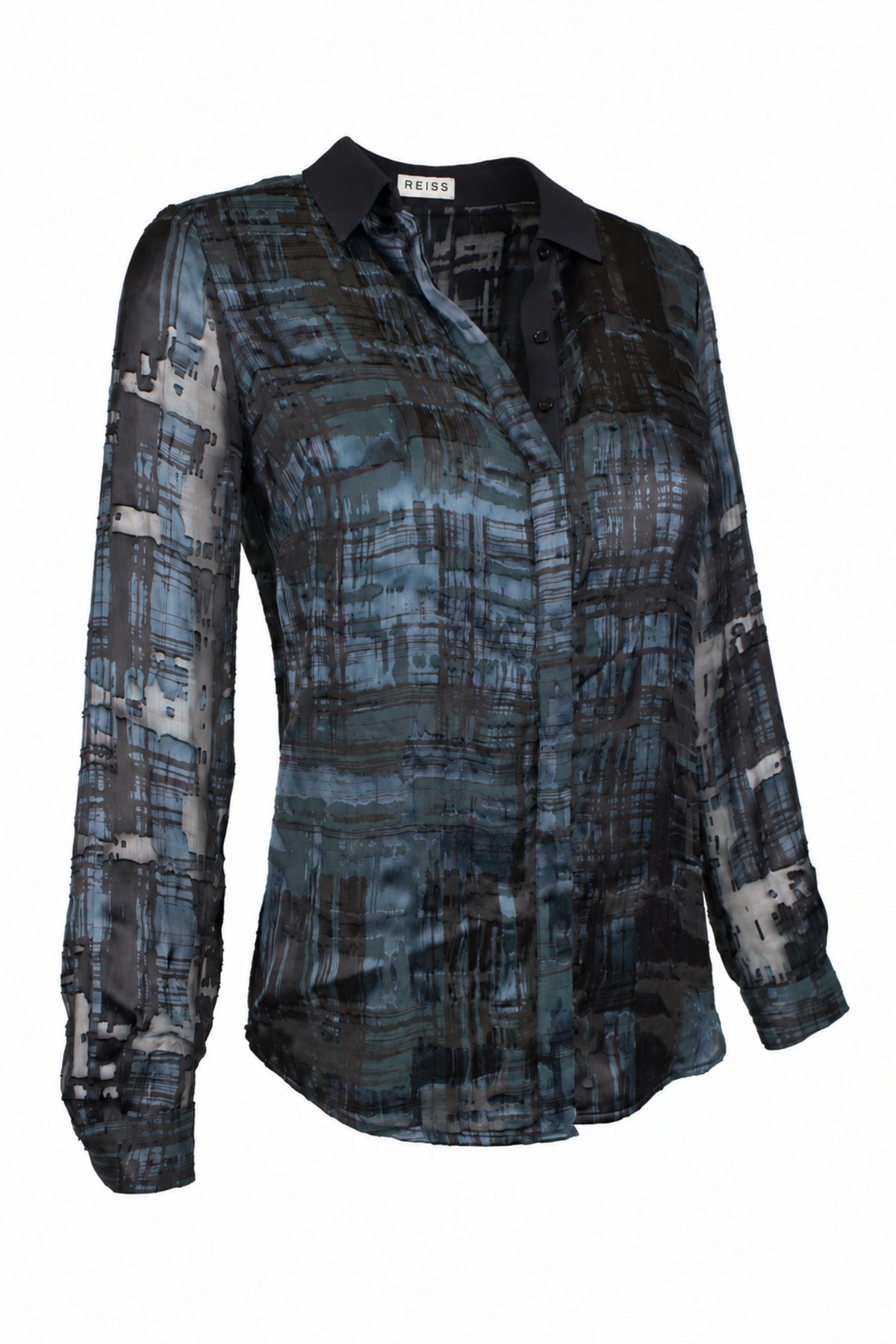 Reiss Black Blue Devoré Silk Blend Shirt