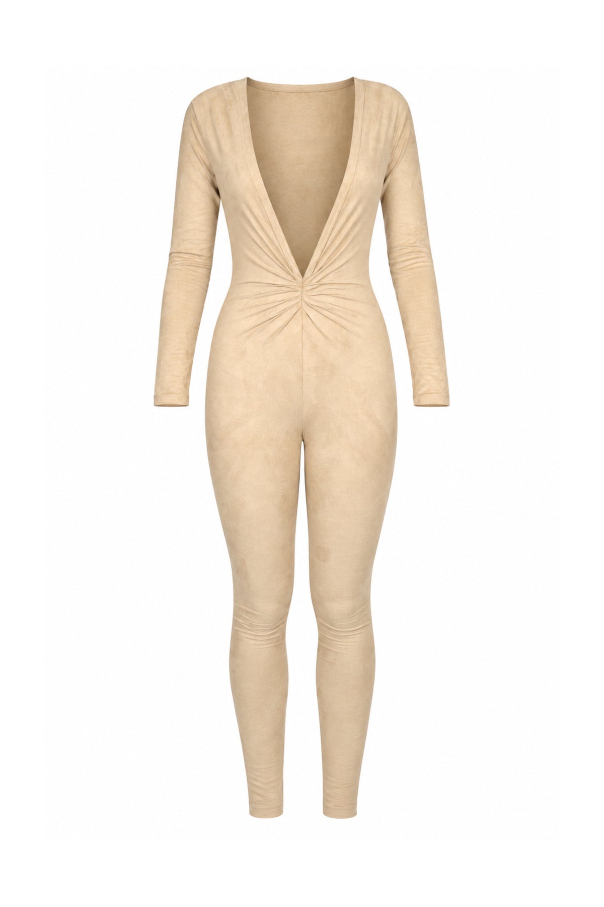 Tiny Beige Suede-Finish Modal Long-Sleeve Jumpsuit