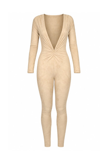 Tiny Beige Suede-Finish Modal Long-Sleeve Jumpsuit