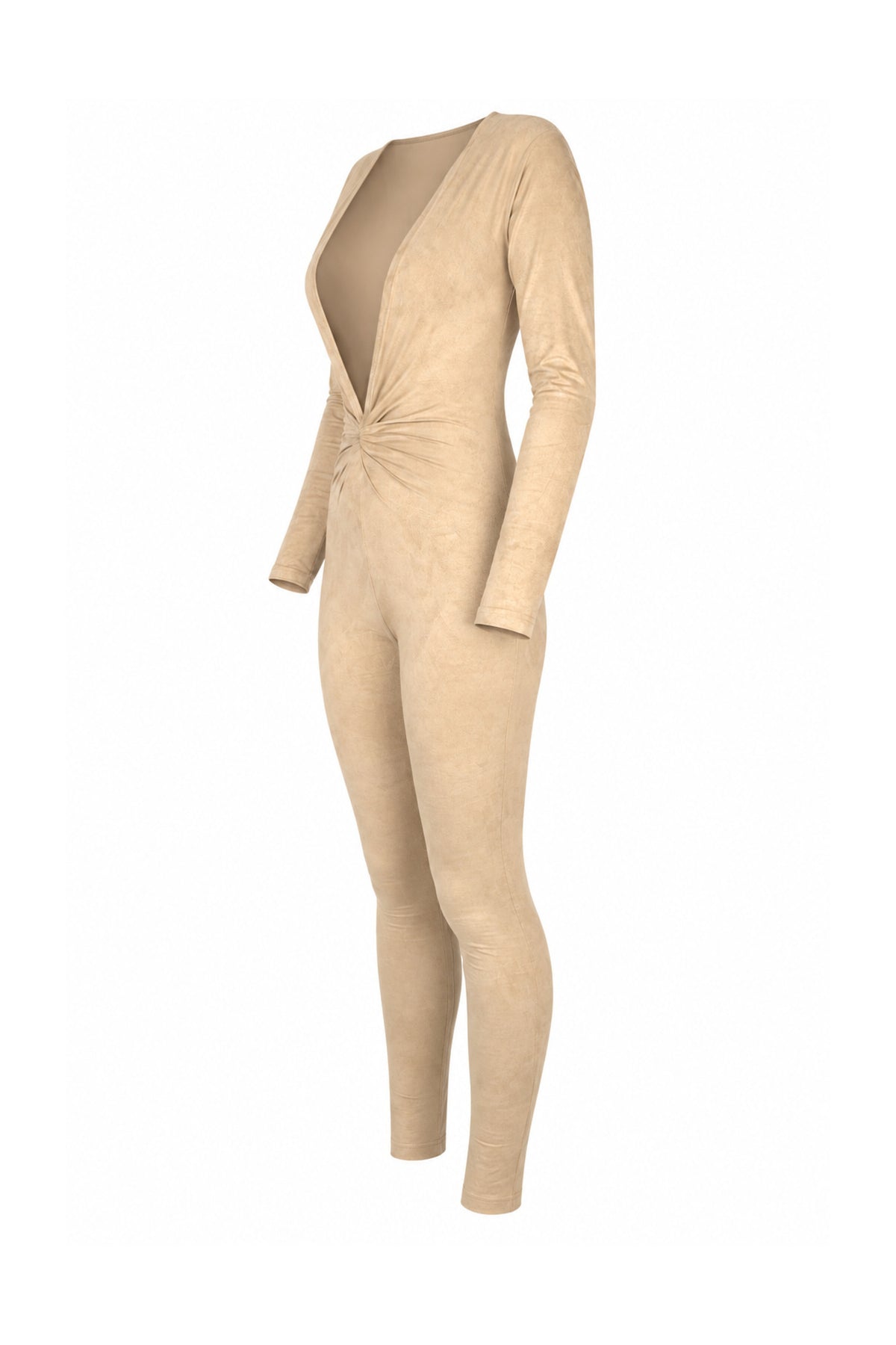 Tiny Beige Suede-Finish Modal Long-Sleeve Jumpsuit
