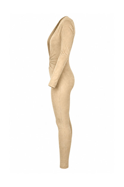 Tiny Beige Suede-Finish Modal Long-Sleeve Jumpsuit