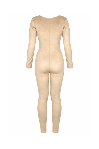 Tiny Beige Suede-Finish Modal Long-Sleeve Jumpsuit