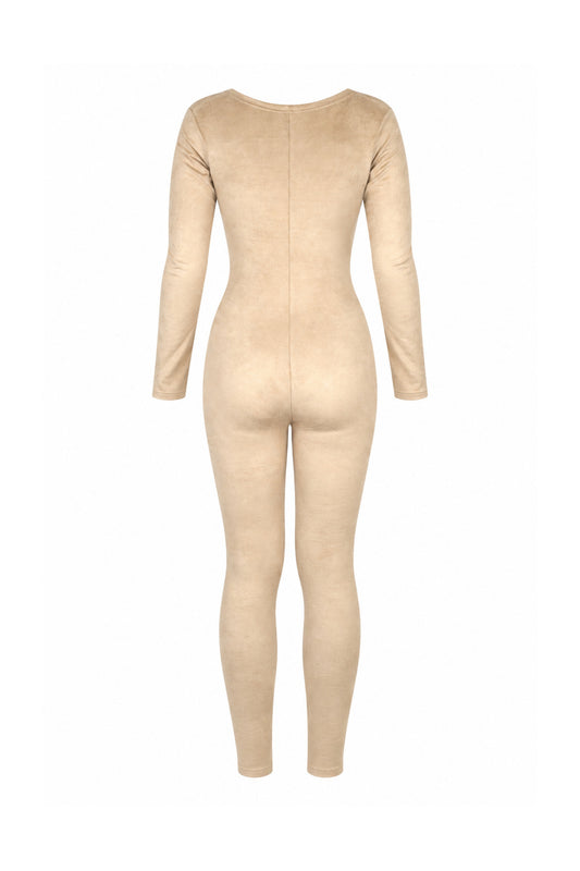 Tiny Beige Suede-Finish Modal Long-Sleeve Jumpsuit