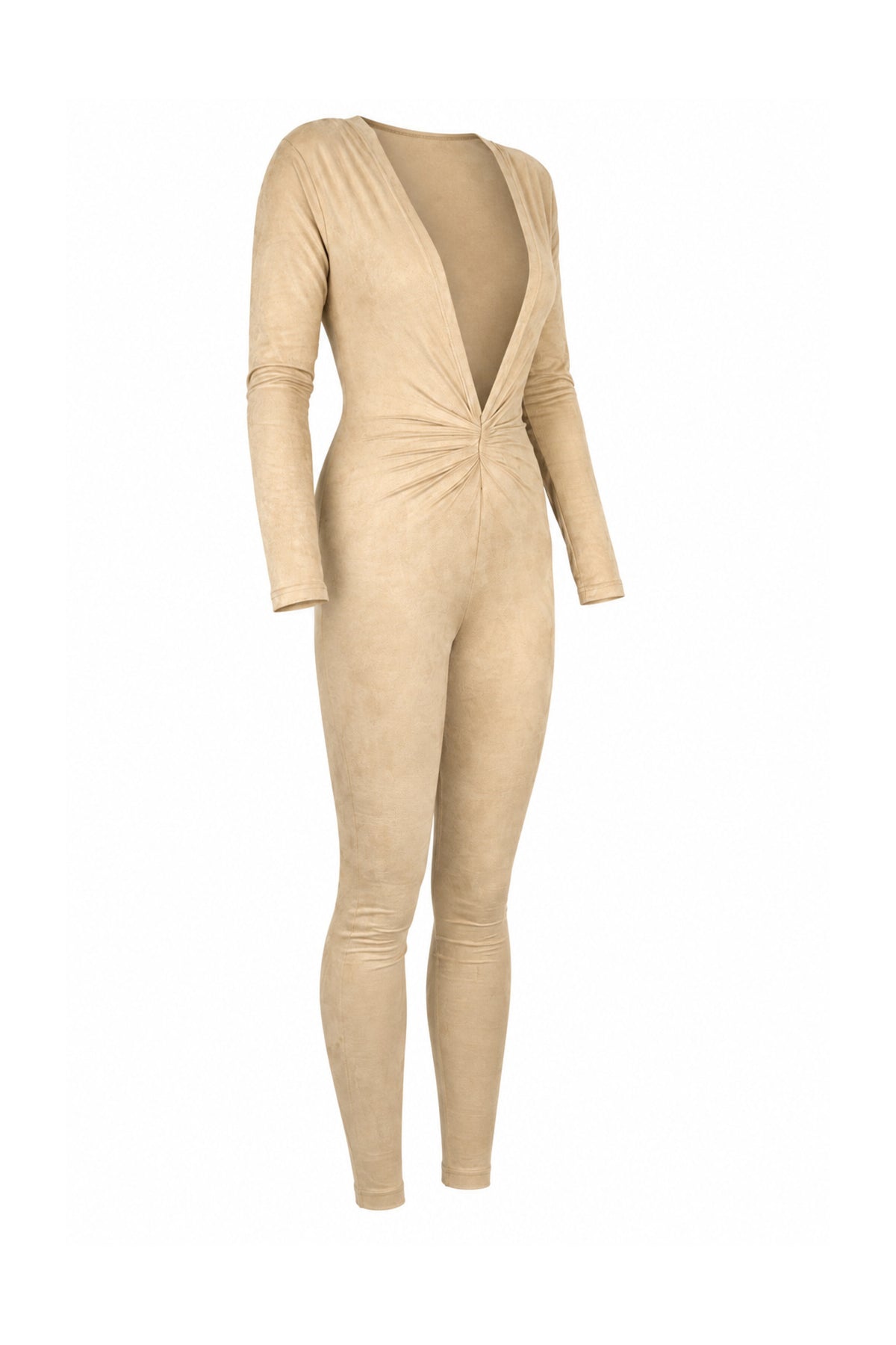 Tiny Beige Suede-Finish Modal Long-Sleeve Jumpsuit