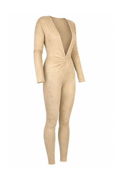 Tiny Beige Suede-Finish Modal Long-Sleeve Jumpsuit