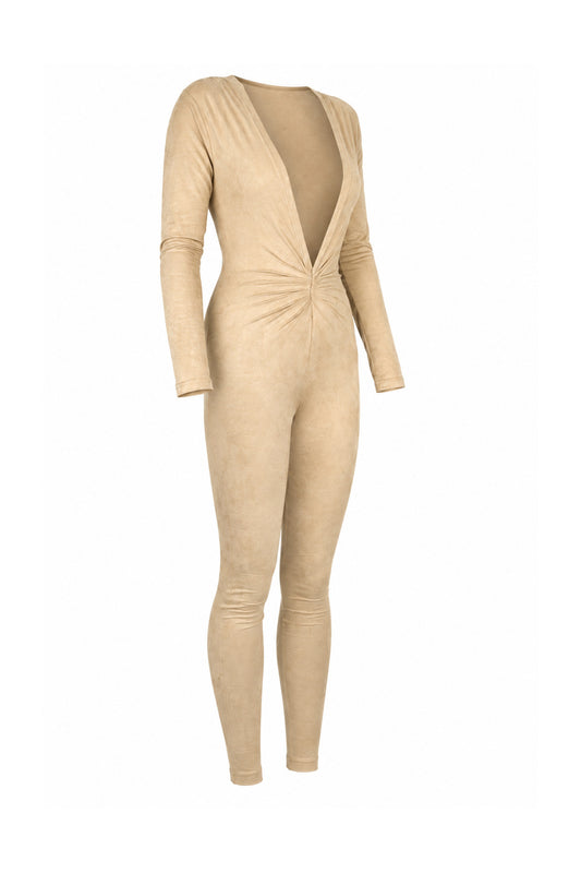 Tiny Beige Suede-Finish Modal Long-Sleeve Jumpsuit