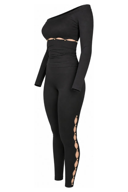 Wolford Black Off-Shoulder Top and Ring Cut-Out Leggings Set