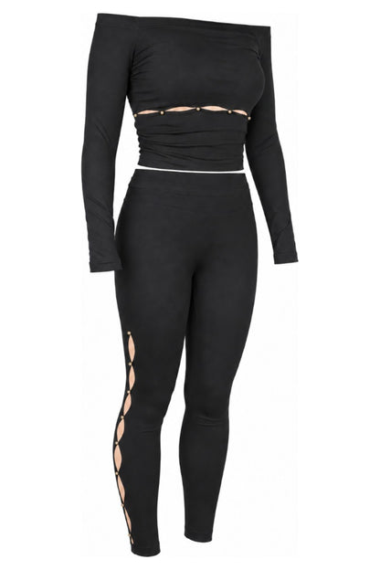 Wolford Black Off-Shoulder Top and Ring Cut-Out Leggings Set