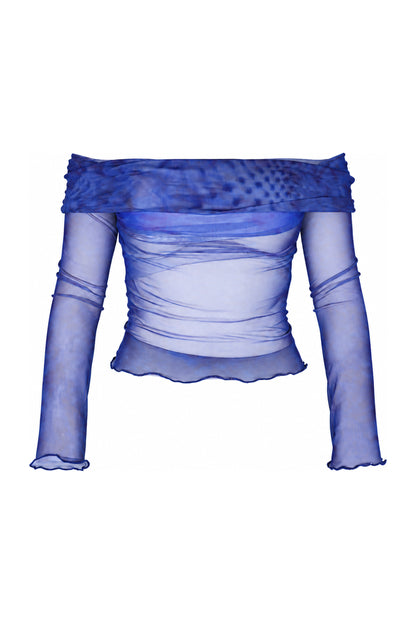 Daisy Street Blue Tie-Dye Mesh Off-Shoulder Top